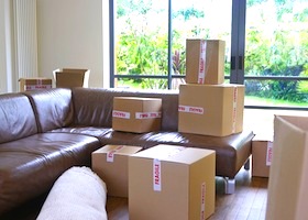 View of packed cardboard boxes in living room of a new home